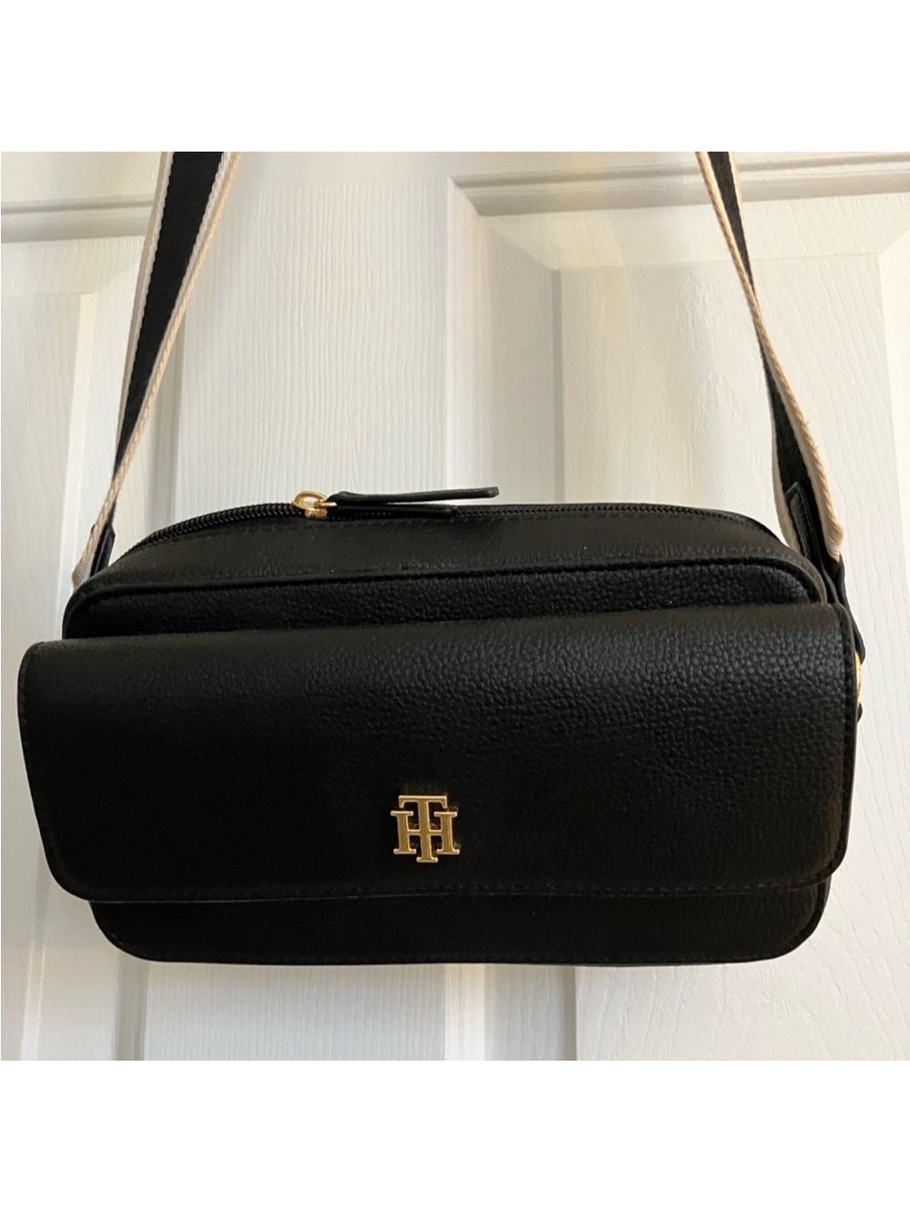 Tommy Hilfiger Black Pebbled Crossbody with Gold TH Emblem